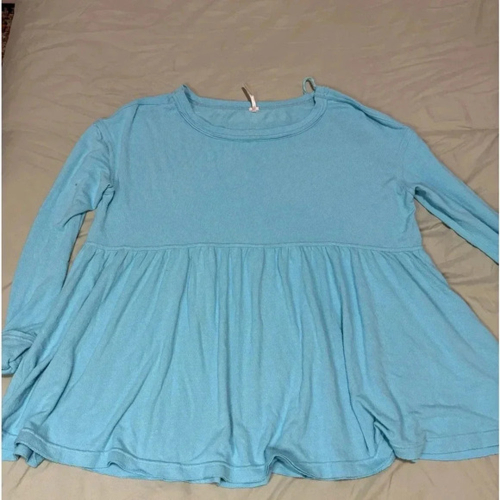 Free People Forever Your Girl Baby Blue Long Sleeve Peplum Babydoll Top X-Small